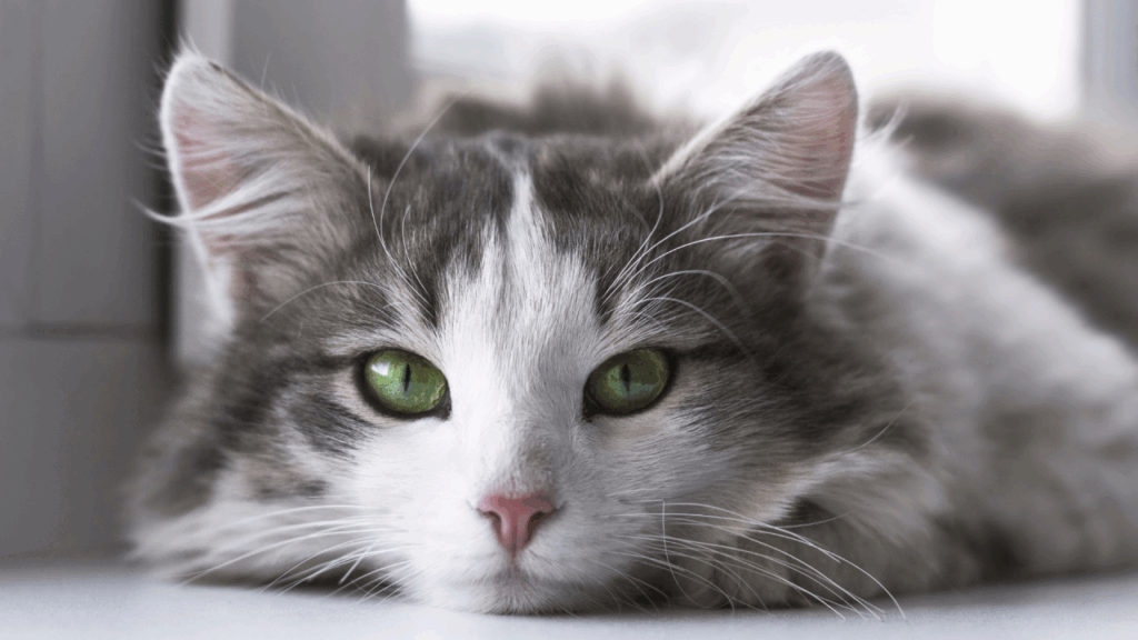 Close-up of a fluffy gray and white cat with striking green eyes.