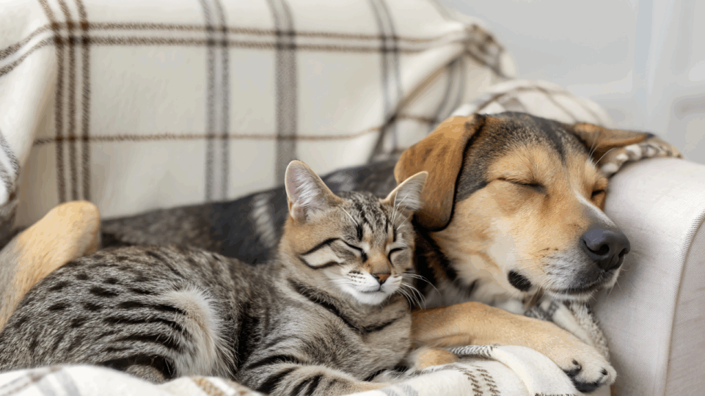 A cat and a dog sleeping together on a couch, covered with a plaid blanket.