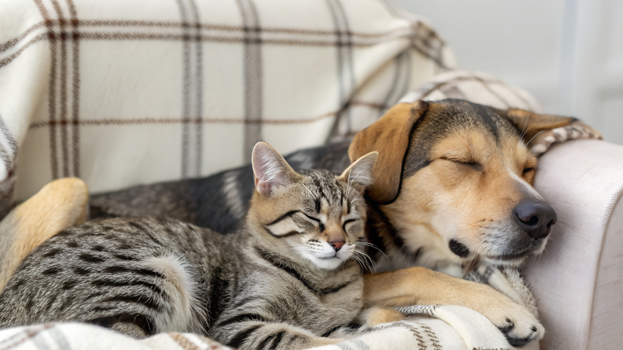 A cat and a dog sleeping together on a couch, covered with a plaid blanket.