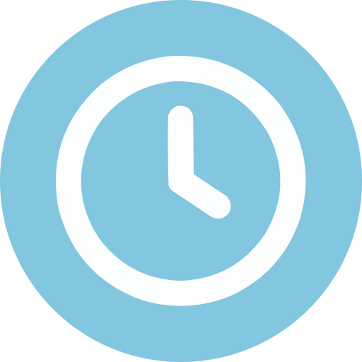 A minimalist blue clock icon showing time at ten past ten.