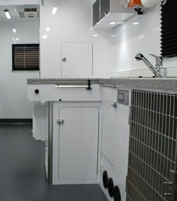 Interior of a mobile veterinary clinic with a sink and storage cabinets.