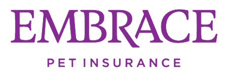 Logo of Embrace Pet Insurance in pink text on a teal background.