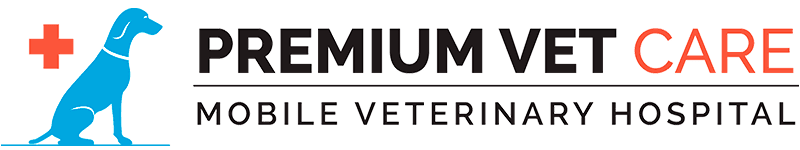 Logo of Premium Vet Care featuring a stylized dog and red cross, indicating a mobile veterinary hospital.