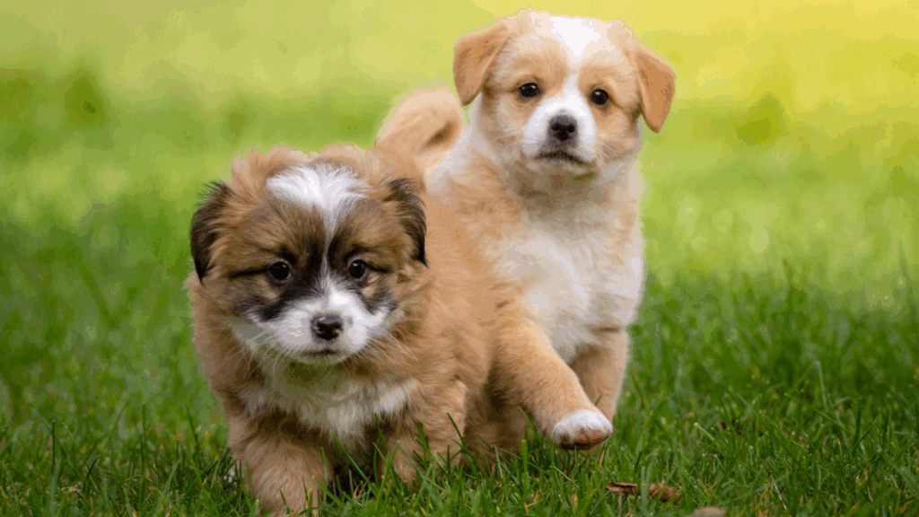 Two puppies walking on a grassy field.